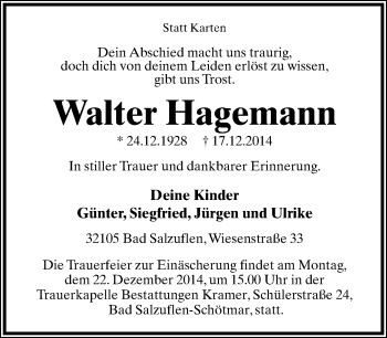 Anzeige  Walter Hagemann  Lippische Landes-Zeitung