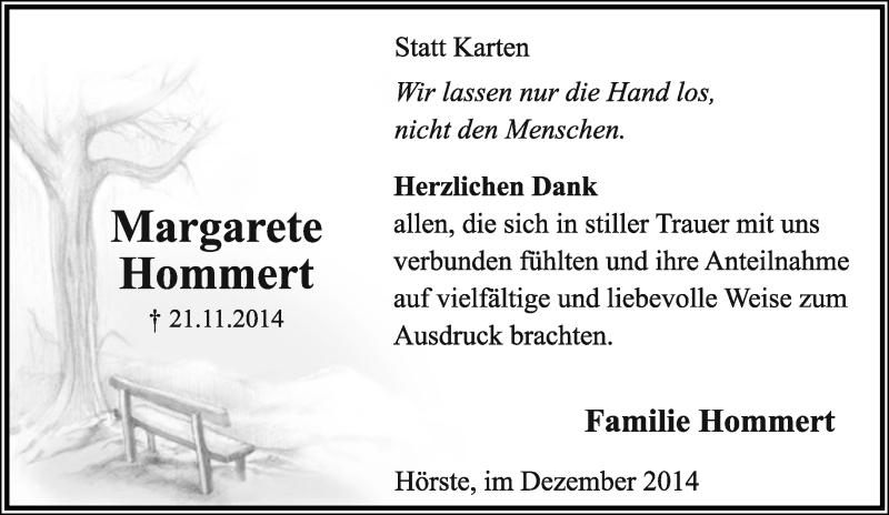  Traueranzeige für Margarete Hommert vom 20.12.2014 aus Lippische Landes-Zeitung