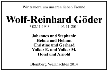 Anzeige  Wolf-Reinhard Göder  Lippische Landes-Zeitung