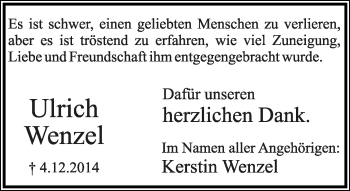 Anzeige  Ulrich Wenzel  Lippische Landes-Zeitung