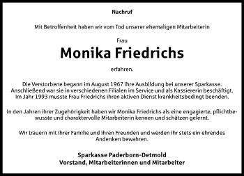 Anzeige  Monika Friedrichs  Lippische Landes-Zeitung