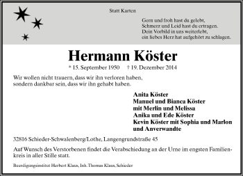 Anzeige  Hermann Köster  Lippische Landes-Zeitung