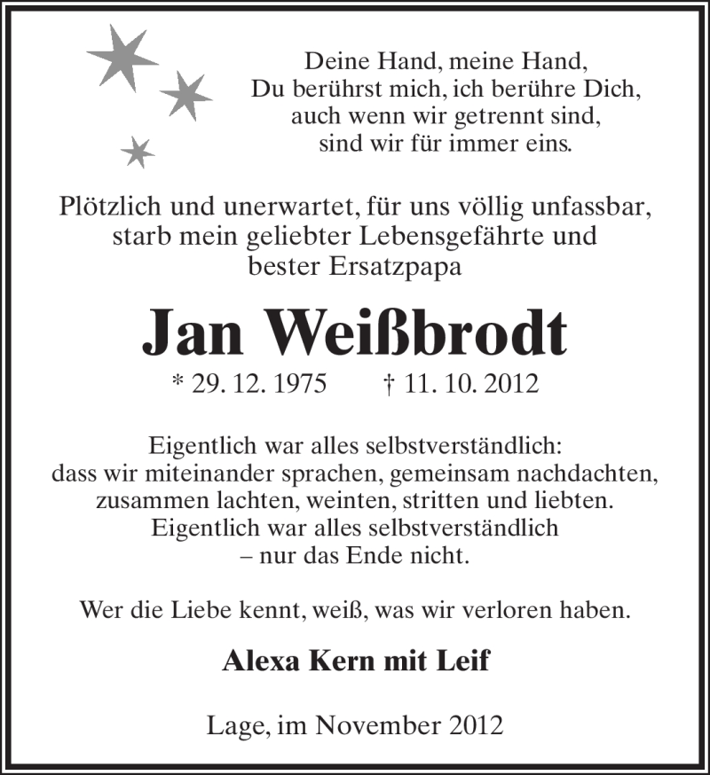  Traueranzeige für Jan Weißbrodt vom 03.11.2012 aus Lippische Landes-Zeitung