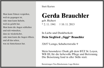 Anzeige  Gerda Brauchler  Lippische Landes-Zeitung