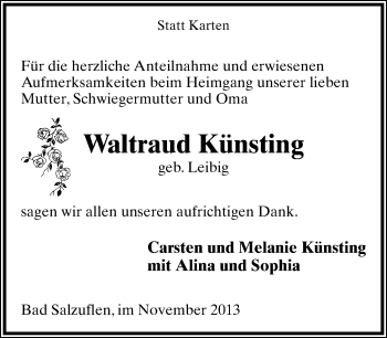 Anzeige  Waltraud Künsting  Lippische Landes-Zeitung