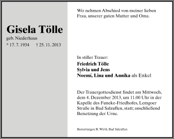 Anzeige  Gisela Tölle  Lippische Landes-Zeitung