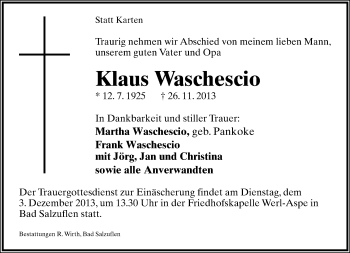 Anzeige  Klaus Waschescio  Lippische Landes-Zeitung