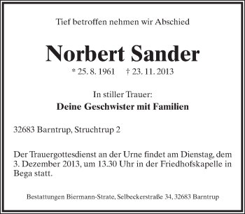 Anzeige  Norbert Sander  Lippische Landes-Zeitung