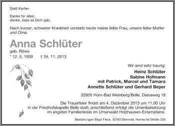Anzeige  Anna Schlüter  Lippische Landes-Zeitung