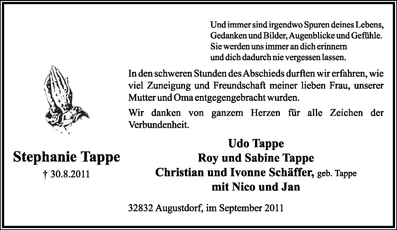  Traueranzeige für Stephanie Tappe vom 24.09.2011 aus Lippische Landes-Zeitung
