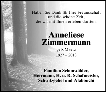 Anzeige  Anneliese Zimmermann  Lippische Landes-Zeitung