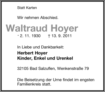 Anzeige  Waltraud Hoyer  Lippische Landes-Zeitung