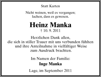 Anzeige  Heinz Manka  Lippische Landes-Zeitung