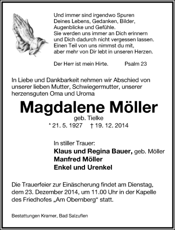 Anzeige  Magdalene Möller  Lippische Landes-Zeitung
