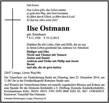Anzeige  Ilse Ostmann  Lippische Landes-Zeitung
