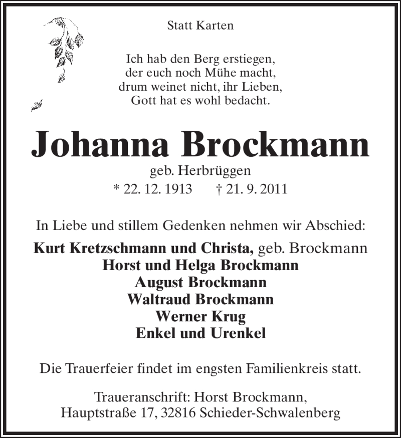  Traueranzeige für Johanna Bockmann vom 24.09.2011 aus Lippische Landes-Zeitung