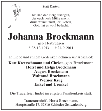 Anzeige  Johanna Bockmann  Lippische Landes-Zeitung