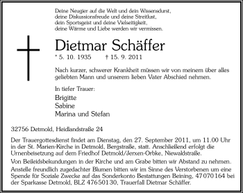 Anzeige  Dietmar Schäffer  Lippische Landes-Zeitung