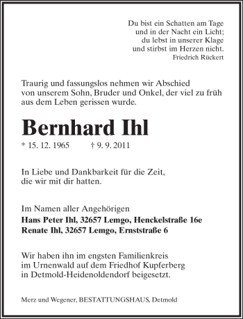 Anzeige  Bernhard Ihl  Lippische Landes-Zeitung
