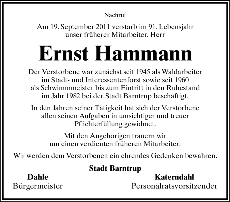  Traueranzeige für Ernst Hammann vom 29.09.2011 aus Lippische Landes-Zeitung