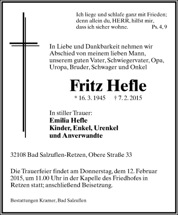 Anzeige  Fritz Hefle  Lippische Landes-Zeitung