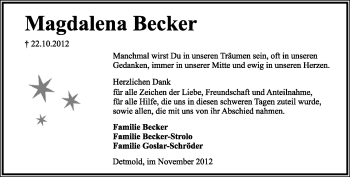 Anzeige  Magdalena Becker  Lippische Landes-Zeitung