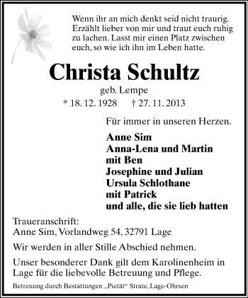 Anzeige  Christa Schultz  Lippische Landes-Zeitung