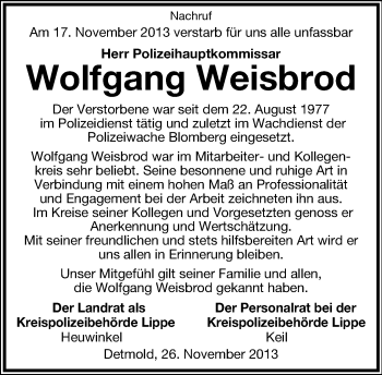 Anzeige  Wolfgang Weisbrod  Lippische Landes-Zeitung