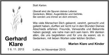 Anzeige  Gerhard Klare  Lippische Landes-Zeitung