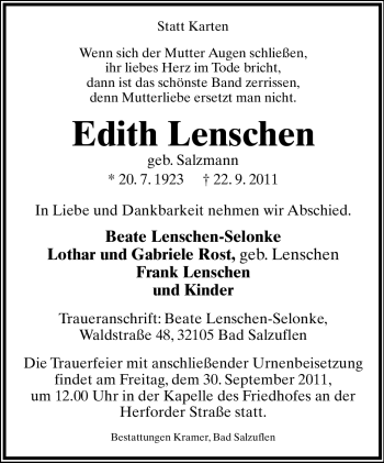 Anzeige  Edith Lenschen  Lippische Landes-Zeitung
