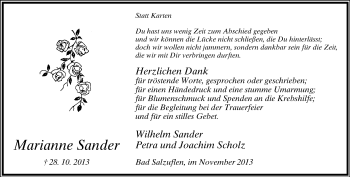 Anzeige  Marianne Sander  Lippische Landes-Zeitung