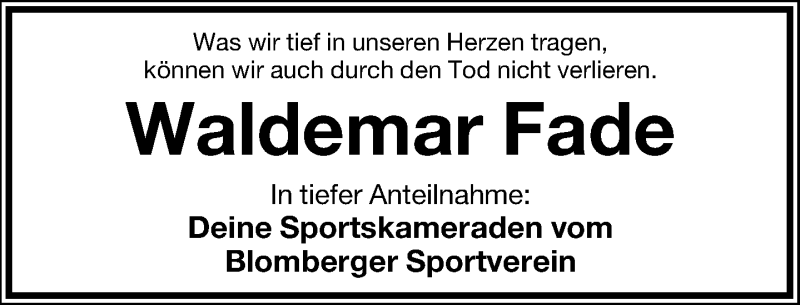  Traueranzeige für Waldemar Fade vom 27.12.2014 aus Lippische Landes-Zeitung