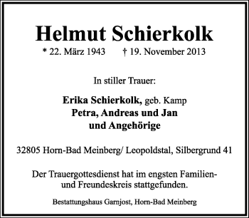 Anzeige  Helmut Schierkolk  Lippische Landes-Zeitung