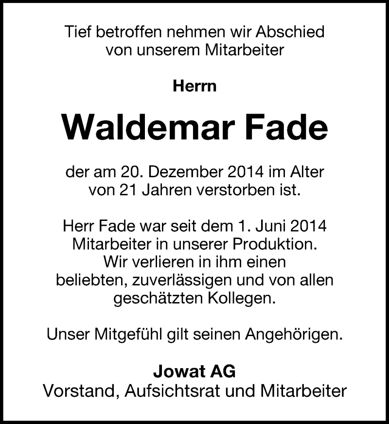  Traueranzeige für Waldemar Fade vom 23.12.2014 aus Lippische Landes-Zeitung