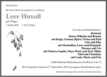 Anzeige  Lore Huxoll  Lippische Landes-Zeitung