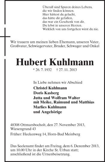 Anzeige  Hubert Kuhlmann  Lippische Landes-Zeitung