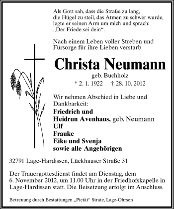 Anzeige  Christa Neumann  Lippische Landes-Zeitung