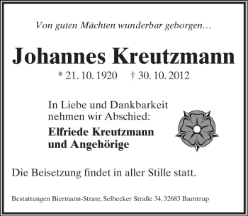 Anzeige  Johannes Kreutzmann  Lippische Landes-Zeitung