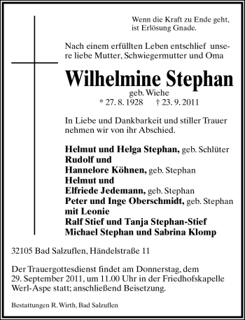 Anzeige  Wilhelmine Stephan  Lippische Landes-Zeitung