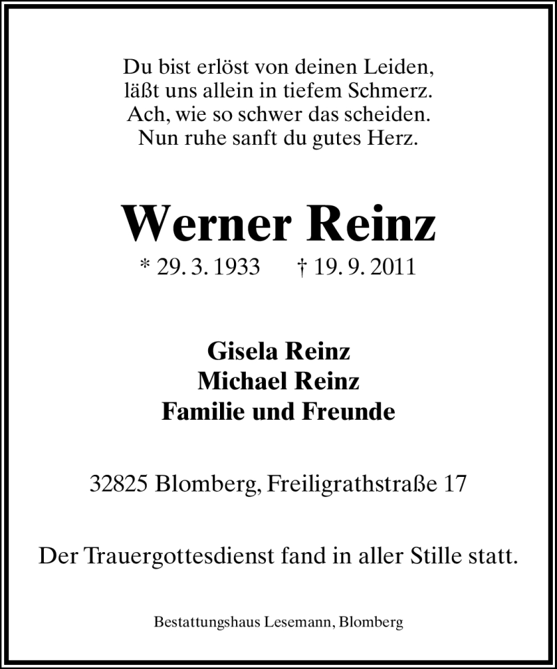  Traueranzeige für Werner Reinz vom 26.09.2011 aus Lippische Landes-Zeitung