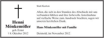 Anzeige  Henni Mönkemöller  Lippische Landes-Zeitung