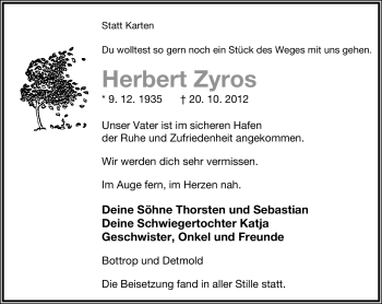 Anzeige  Herbert Zyros  Lippische Landes-Zeitung