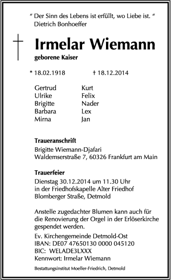 Anzeige  Irmelar Wiemann  Lippische Landes-Zeitung