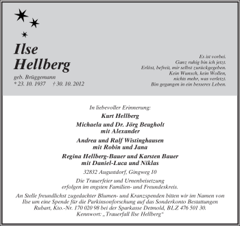 Anzeige  Ilse Hellberg  Lippische Landes-Zeitung