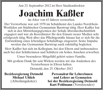 Anzeige  Joachim Kaßler  Lippische Landes-Zeitung