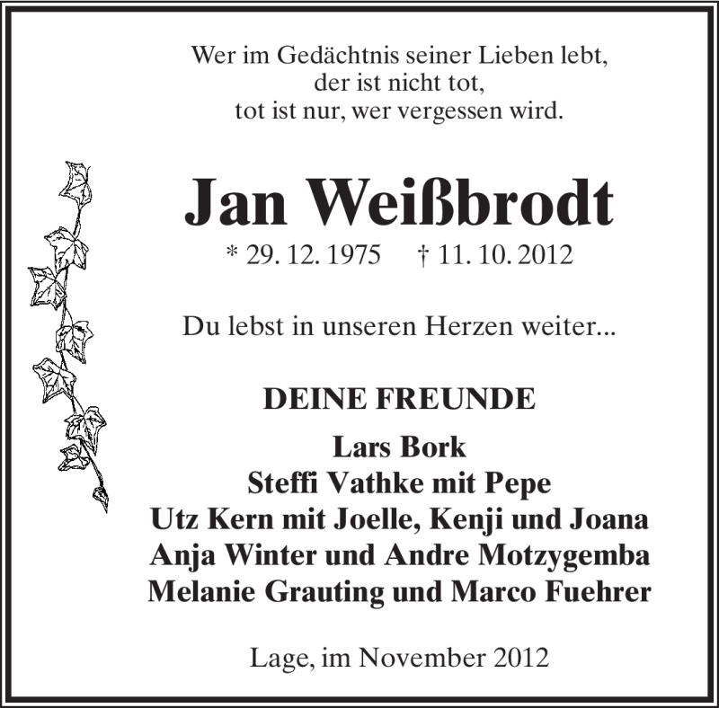  Traueranzeige für Jan Weißbrodt vom 03.11.2012 aus Lippische Landes-Zeitung