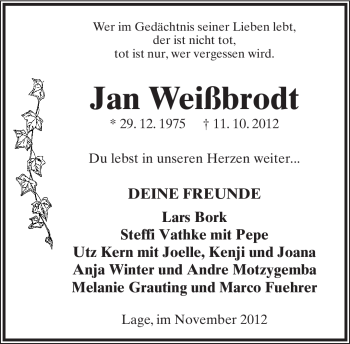 Anzeige  Jan Weißbrodt  Lippische Landes-Zeitung