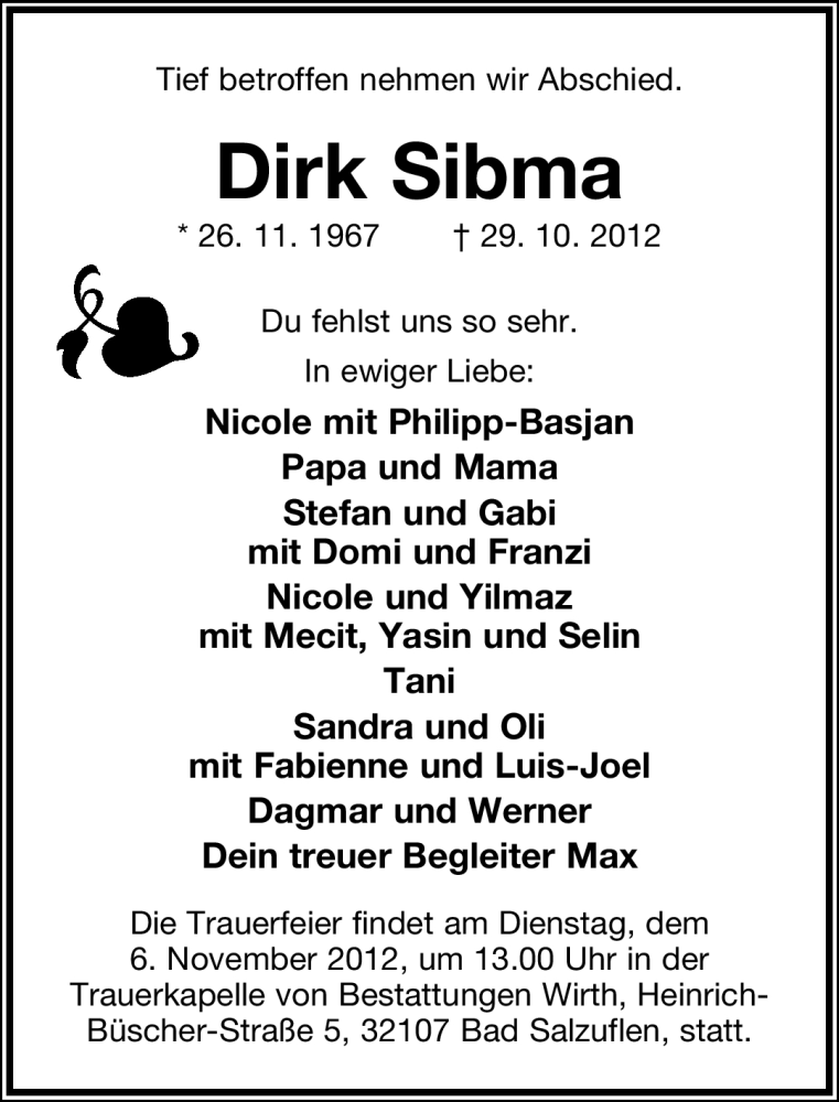  Traueranzeige für Dirk Sibma vom 01.11.2012 aus Lippische Landes-Zeitung