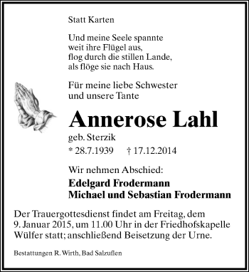 Anzeige  Annerose Lahl  Lippische Landes-Zeitung