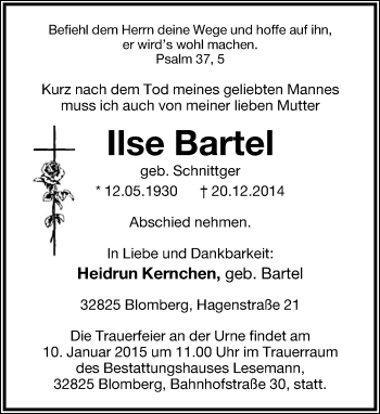 Anzeige  Ilse Bartel  Lippische Landes-Zeitung